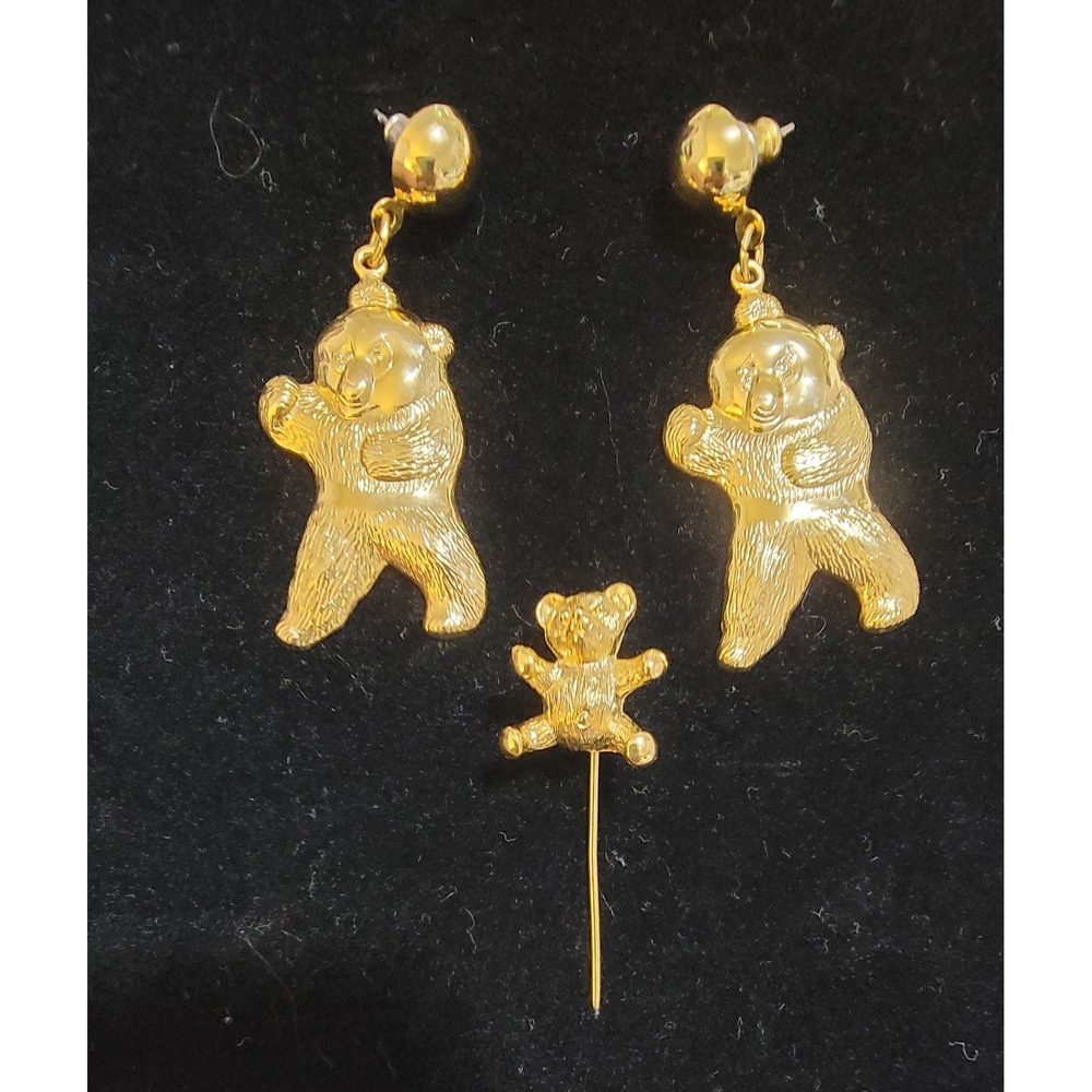 Vintage Gold Tone Chucky Teddy Bear Jewelry Set Drop Earrings and Stick Pin